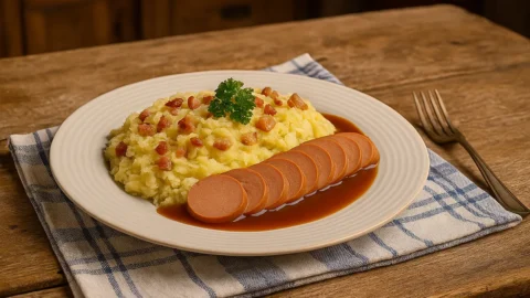 Oma’s zuurkoolstamppot met rookworst en spekjes op een ouderwetse keukentafel, nostalgisch Hollands gerecht.
