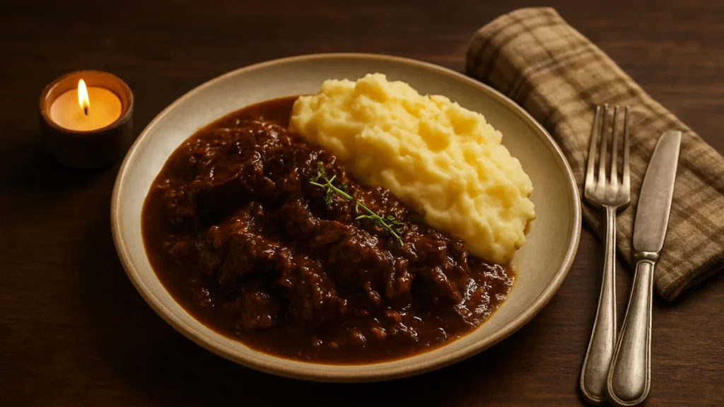 Het recept draadjesvlees maken slowcooker op een bord met aardappelpuree op een ouderwetse tafel met een kaarsje ernaast.