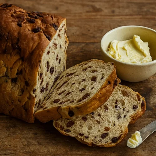 Het krentenbrood recept op een ouderwetse houten tafel met een schaaltje roomboter en botermesje ernaast.