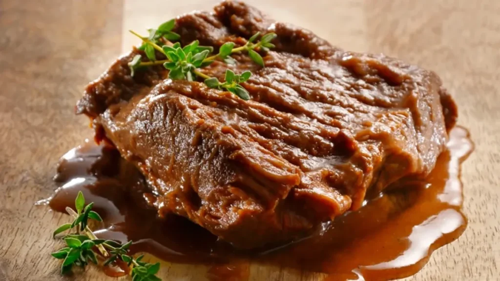 oma’s draadjesvlees recept op een houten plank met een beetje jus.
