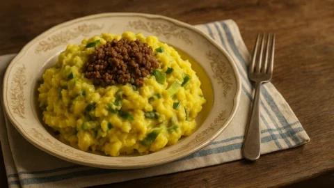 Oma's preistamppot met kerrie en gehakt op een beige bordje op een houten tafel.
