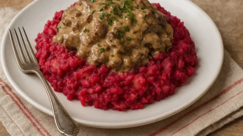 De rode bieten stamppot met runderragout op een katoenen doek op een houten tafel met een vorkje ernaast.
