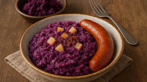 Rode kool stamppot oma in een kommetje met een rookworst en stukjes appel.