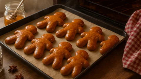 Versgebakken taai taai poppen van oma op een bakplaat, goudbruin en glanzend van de honing, net uit de oven.