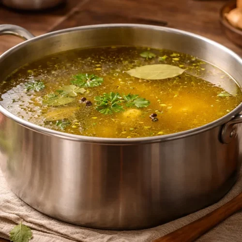 Ouderwetse runderbouillon maken zoals vroeger in een grote pan.