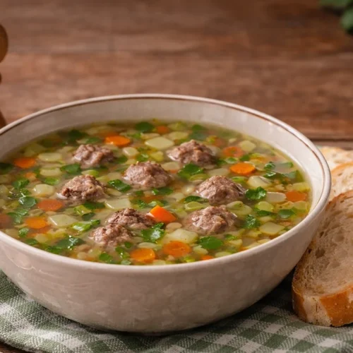 De lekkerste rundvleessoep van oma in een wit soepkommetje met stukjes brood ernaast.