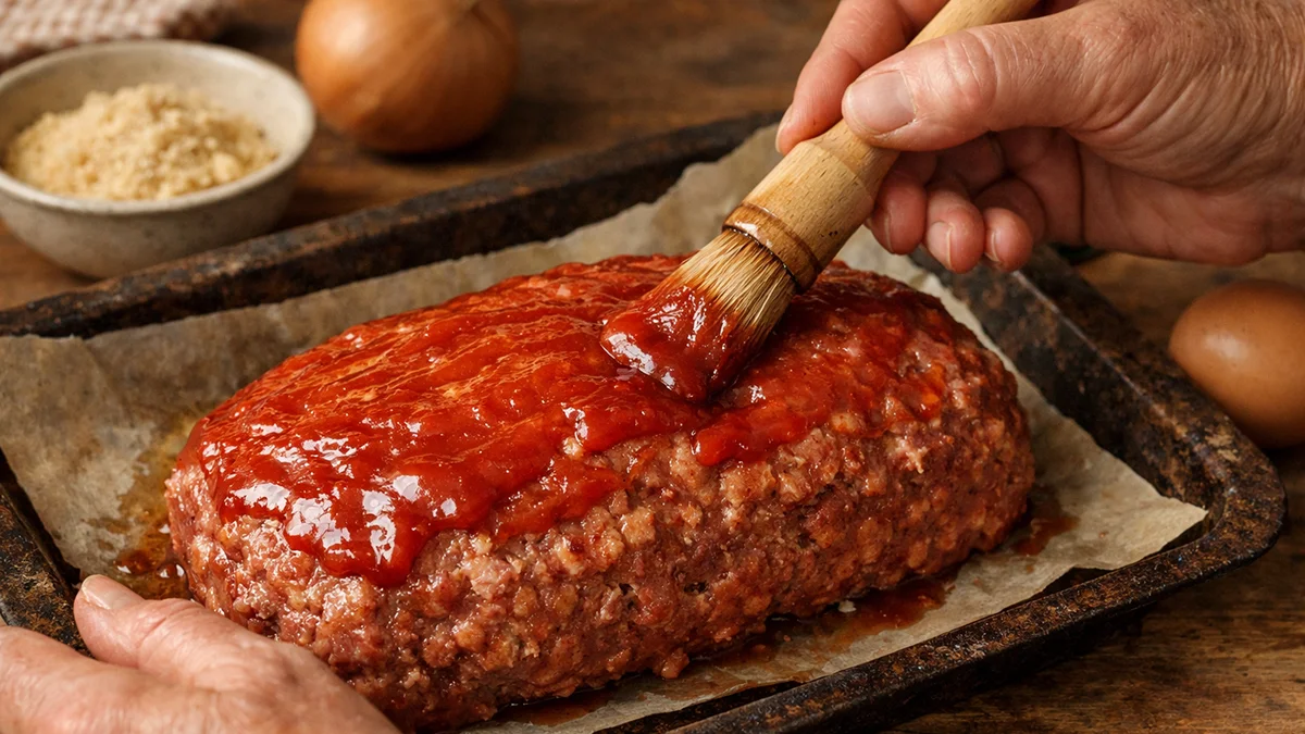 Gehaktbrood mengen en bestrijken met glazuur volgens oma’s recept