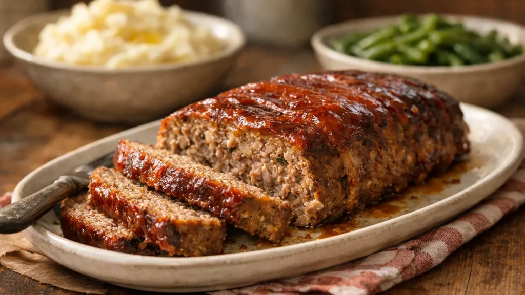 Oma’s gehaktbrood gesneden op schaal met aardappelpuree en sperziebonen