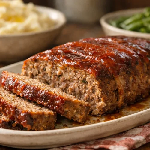 Oma’s gehaktbrood gesneden op schaal met aardappelpuree en sperziebonen