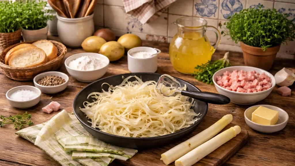 Ingrediënten en aspergeschillen om aspergesoep te maken.