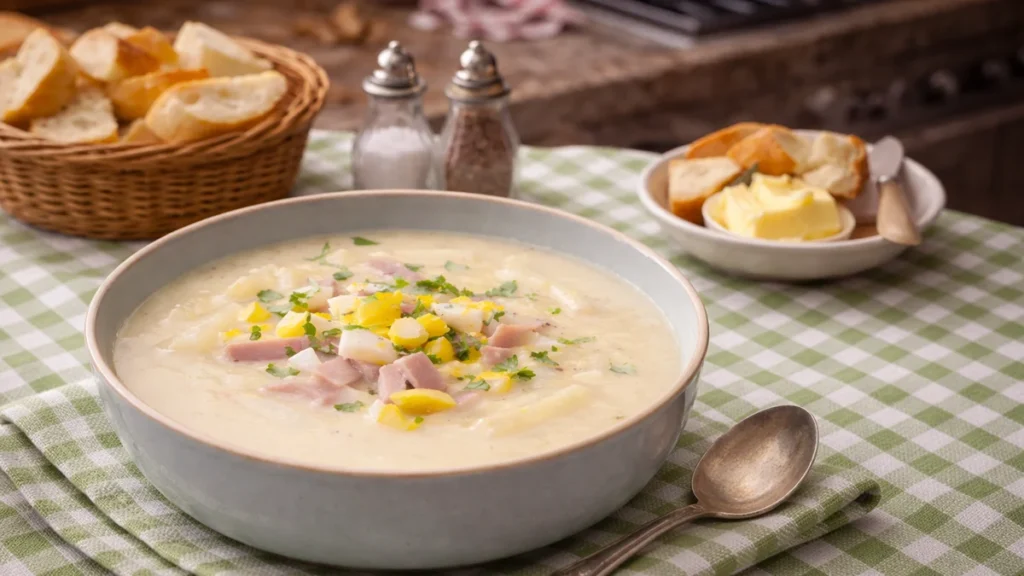 Aspergesoep in een wit kommetje met stukjes stokbrood in een ouderwetse keuken.