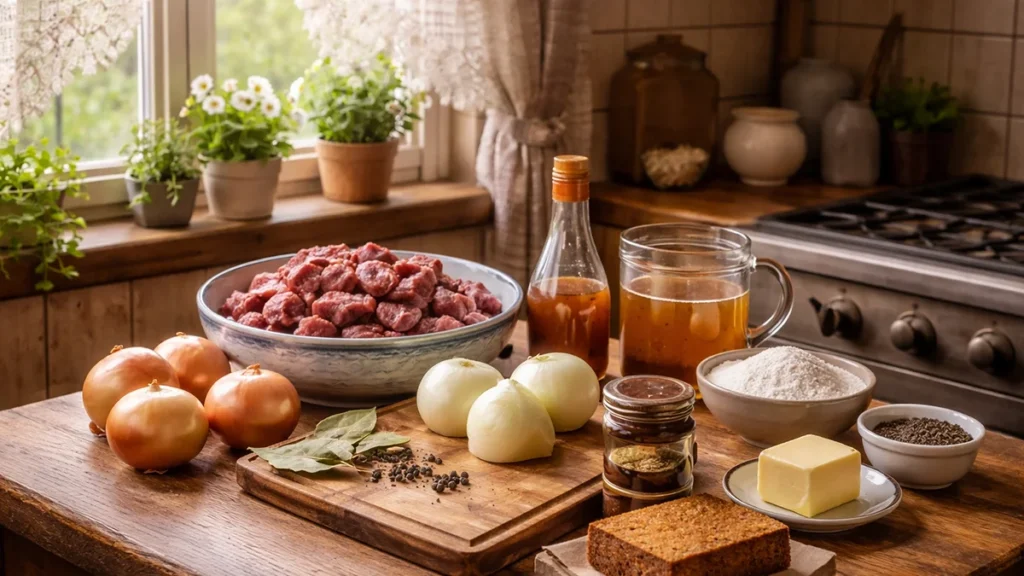 Ingrediënten op een ouderwetse houten tafel liggen klaar om ouderwetse hachee te maken.