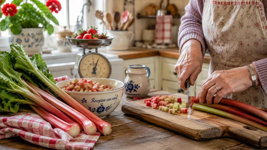 Verse rabarber wordt gesneden op een houten snijplank
