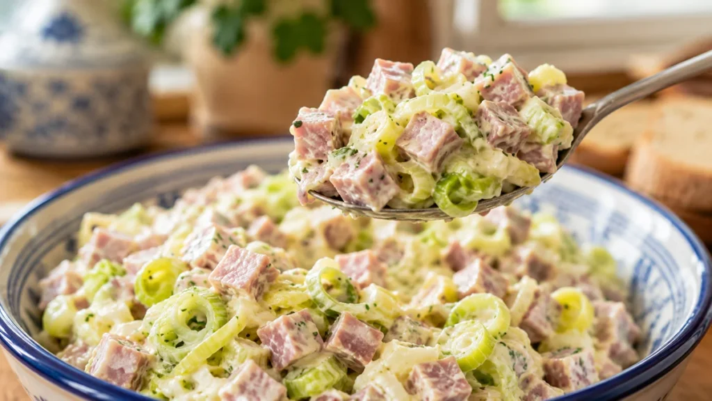 Detail van ham-preisalade met ham, prei en romige dressing