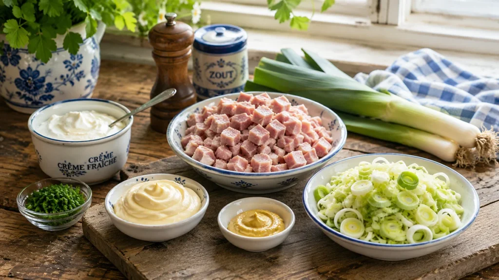 Ingrediënten voor ham-preisalade volgens oma's recept