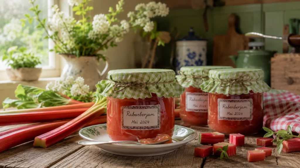 Zelfgemaakte rabarberjam volgens oma's recept in glazen jampotten