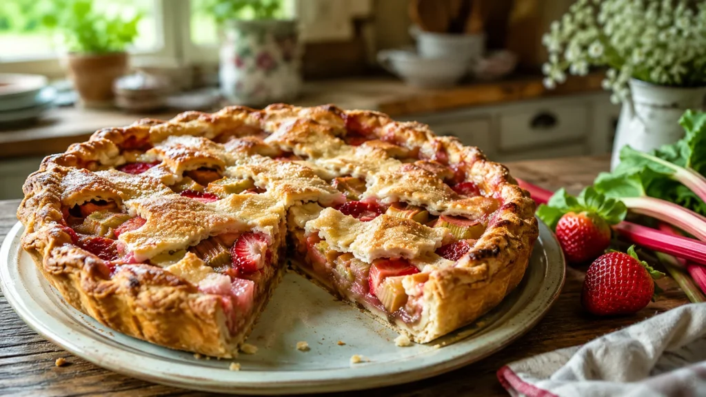 Rabarbertaart met aardbeien volgens een klassiek recept van oma